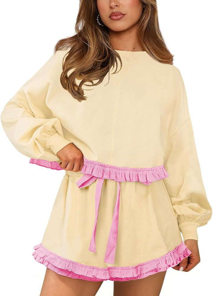 Womens 2 Piece Set Crewneck Sweatshirt Ruffle short Sets Fall Fashion cute tennis Matching Lounge... | Amazon (US)