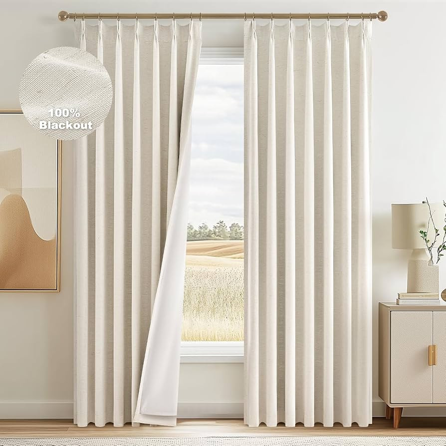 Cortinas de lino natural 100% opacas de 102 pulgadas de largo, cortinas plisadas con cancelación... | Amazon (US)