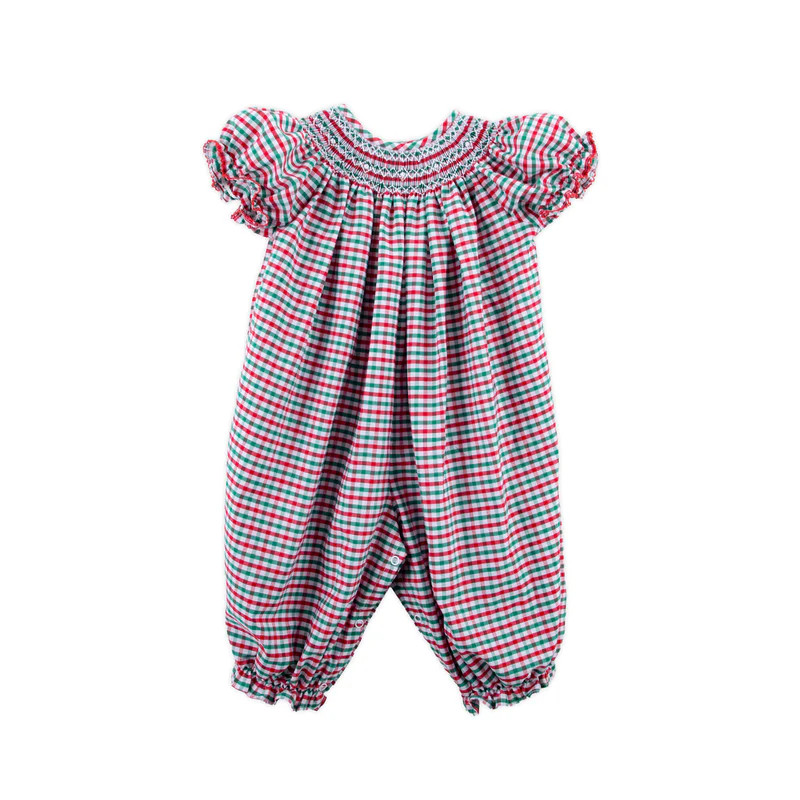 Christmas Card Gingham Smocked Long Bubble | Classic Whimsy