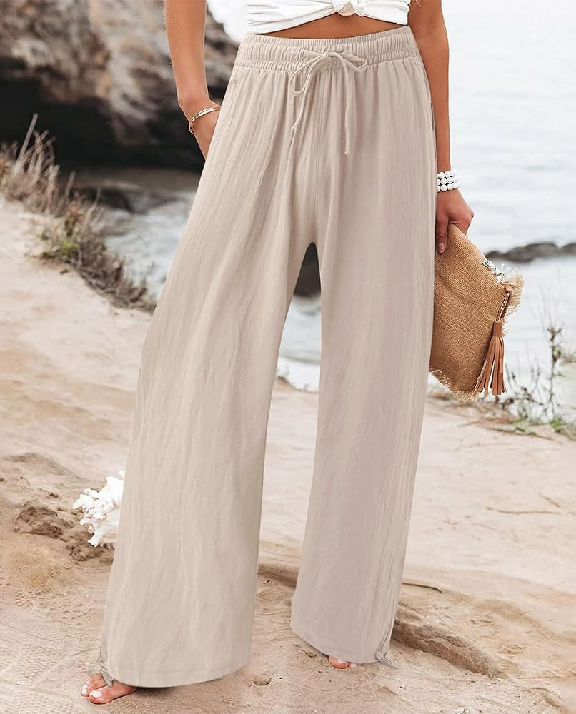 Zhyaj Women's Loose Wide Leg Pants Summer High Waisted Drawstring Palazzo Pants Casual Beach Pant... | Amazon (US)