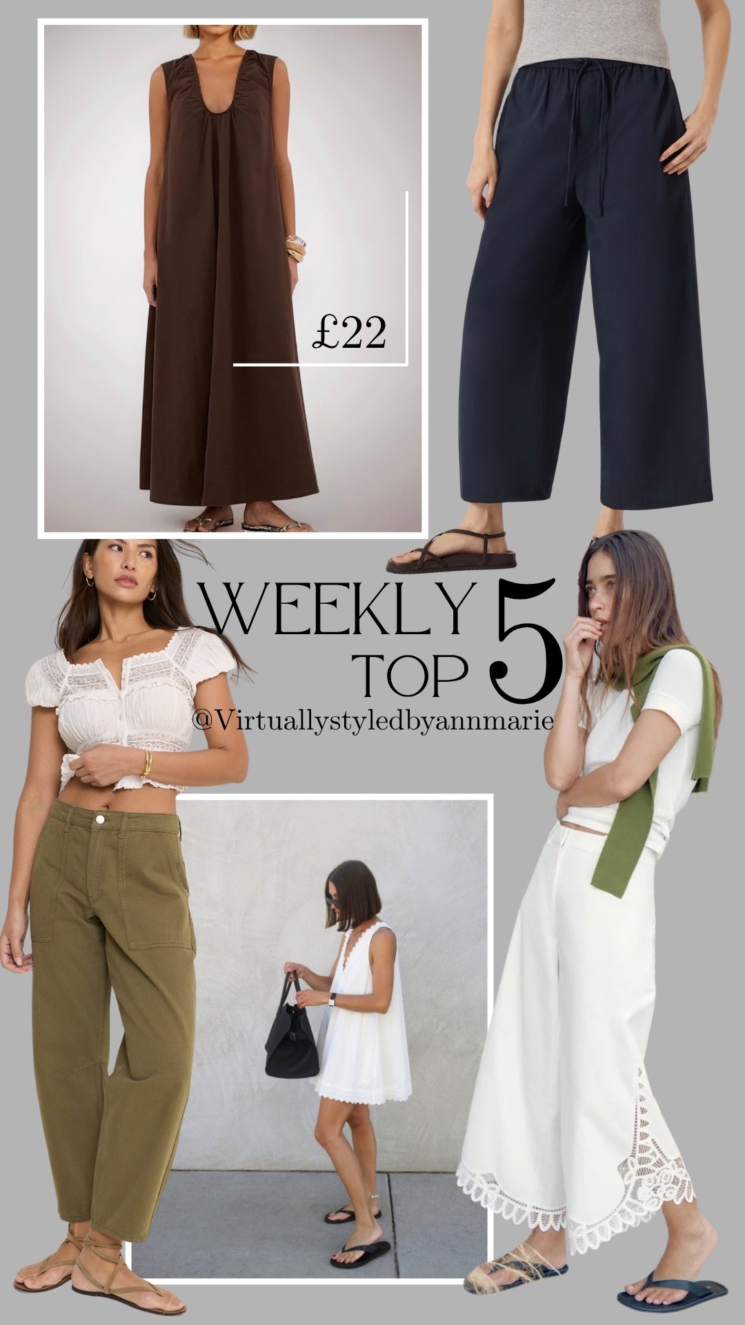 This weeks top 5 
Designer inspired dress 
Khaki trousers 
Navy cropped trousers 
White linen cut out trousers
& white swing mini dress