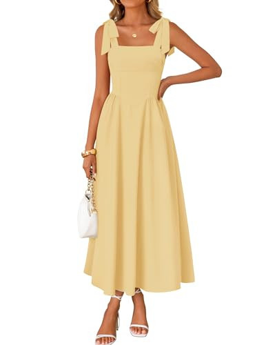 ZESICA Women's Summer Spaghetti Strap Maxi Dress 2026 Tie Shoulder Square Neck Flowy Wedding Guest Party Beach Long Dresses,Yellow,Small | Amazon (US)