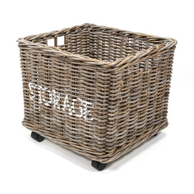 happimess Yael Coastal Hand-Woven "STORAGE" Rattan Basket with Wheels and Handles, Kubu Gray | Target
