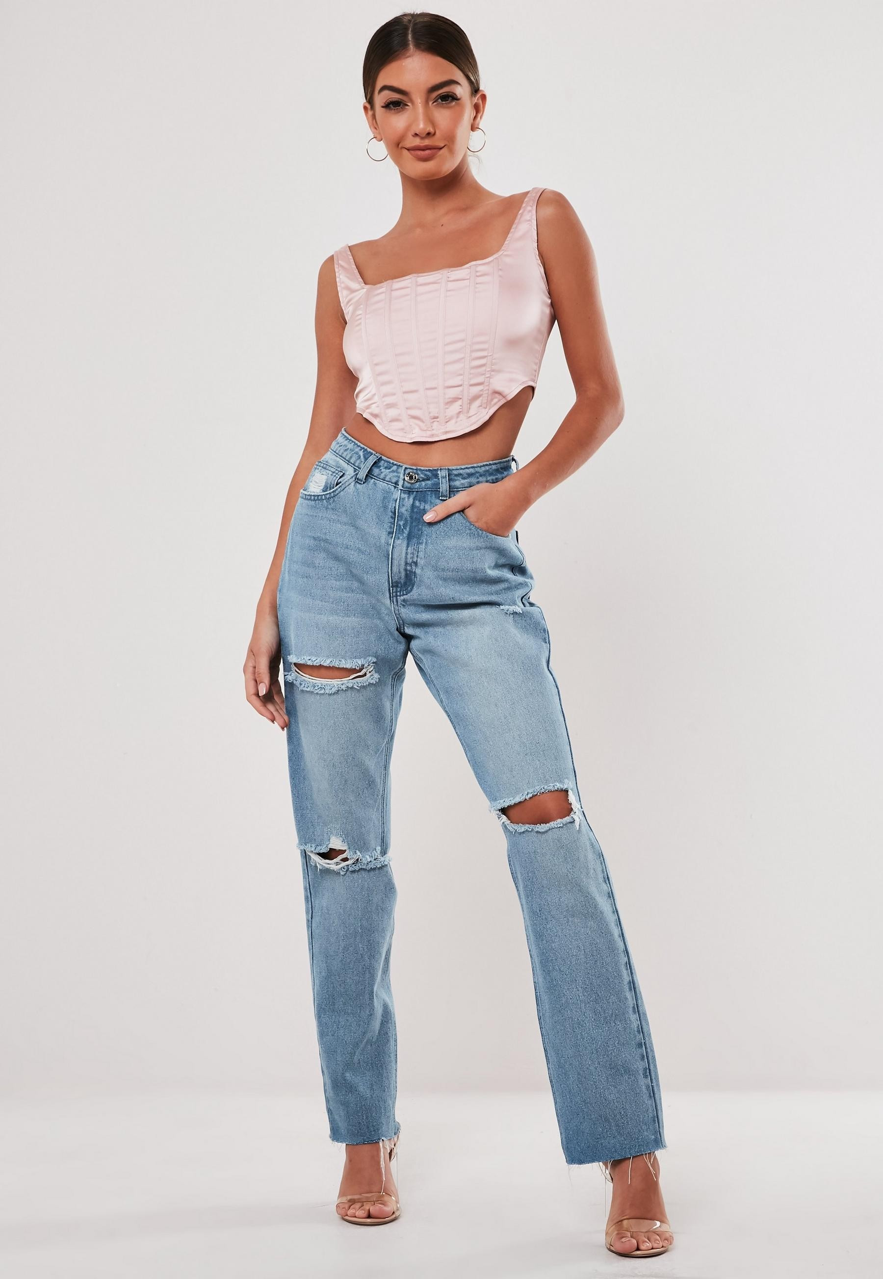 Missguided - Petite Light Blue Wrath High Waisted Slash Straight Leg Jeans | Missguided (US & CA)
