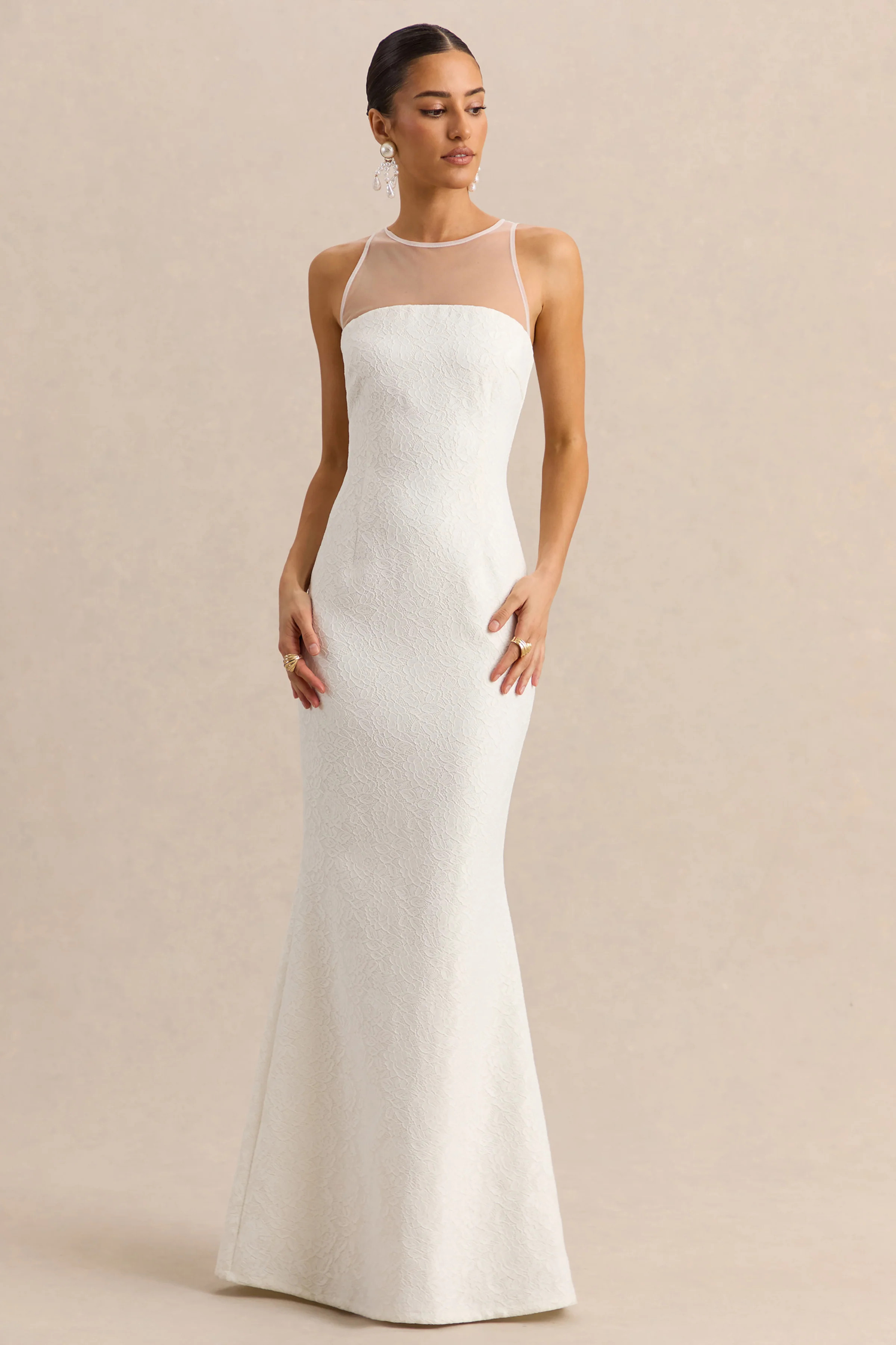 Rosevine | White Lace Crew-Neck Maxi Dress With Mesh Panel | Club L London