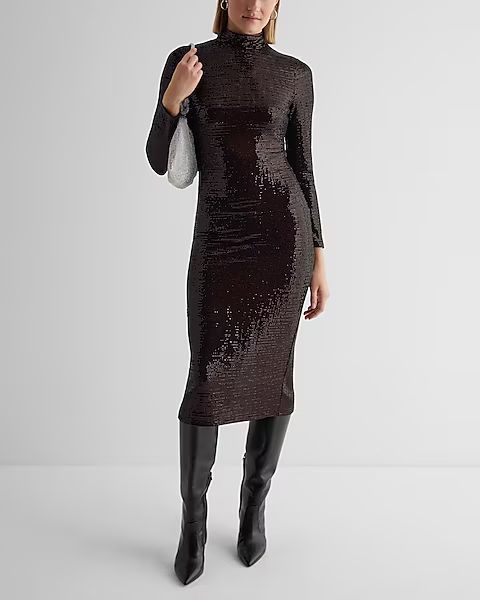 Dot Sequin Mock Neck Long Sleeve Midi Sheath Dress | Express