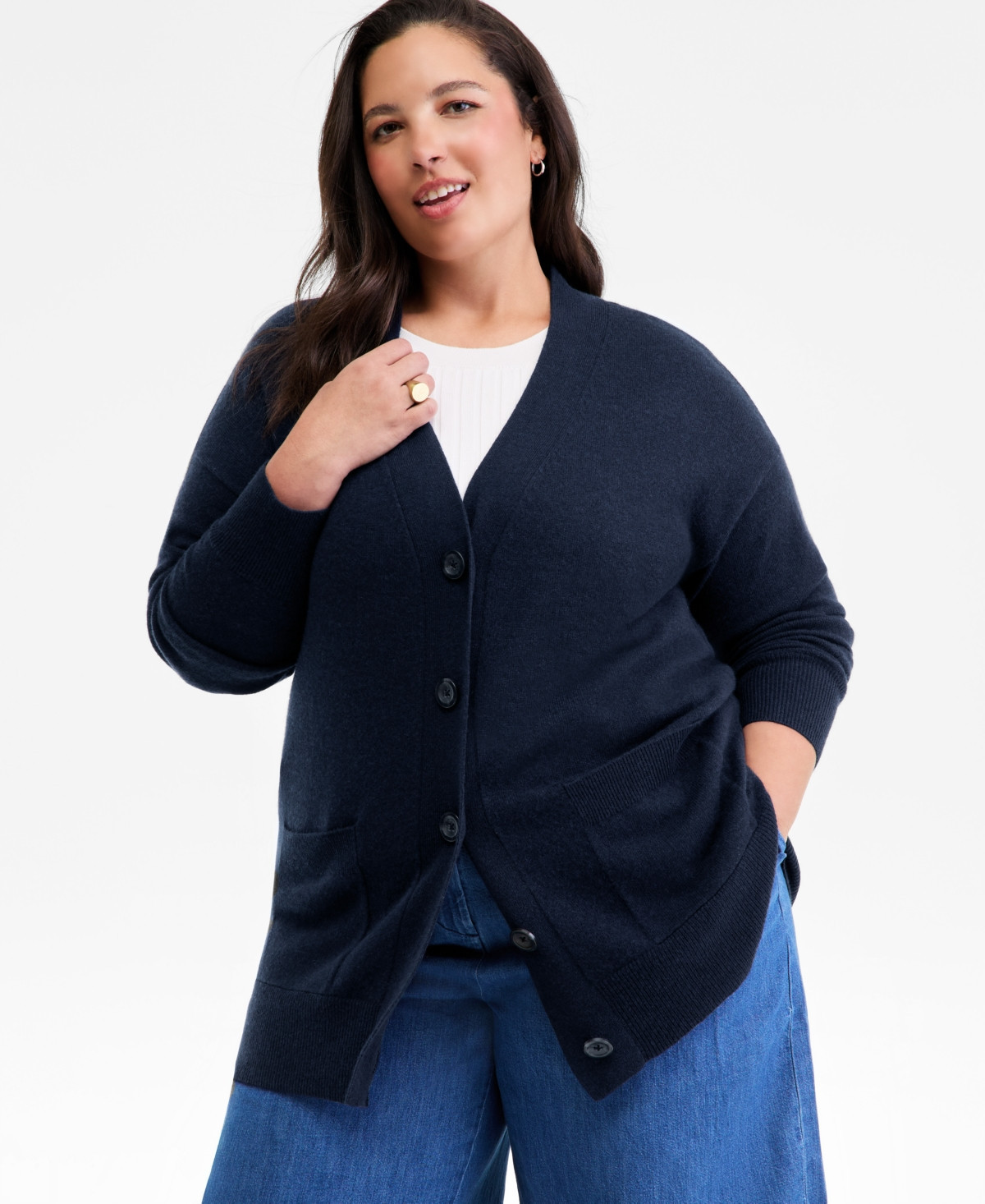 Charter Club Plus Size 100% Cashmere Button-Front Cardigan, Macy's Exclusive - Admiral Navy | Macy's