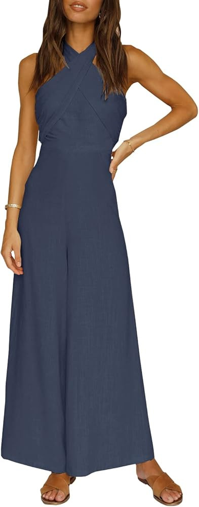 Women's Solid Color Jumpsuit Off Shoulder Sleeveless Strap Dual Use Halter or Tie Waist Sexy and Cas | Amazon (US)