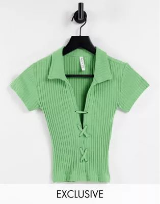 ASYOU lace up rib polo top in sage | ASOS (Global)