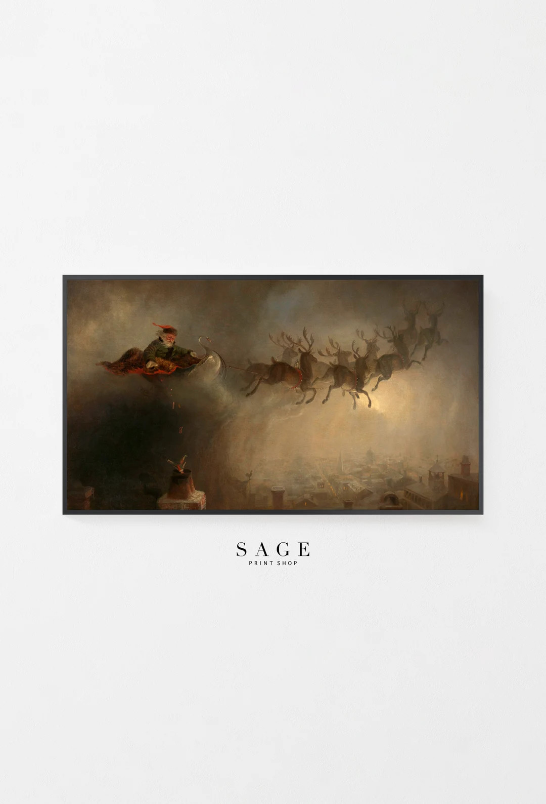 Frame TV Art Christmas, Santa Claus's Sleigh and Reindeer Vintage Oil Painting - Etsy | Etsy (US)