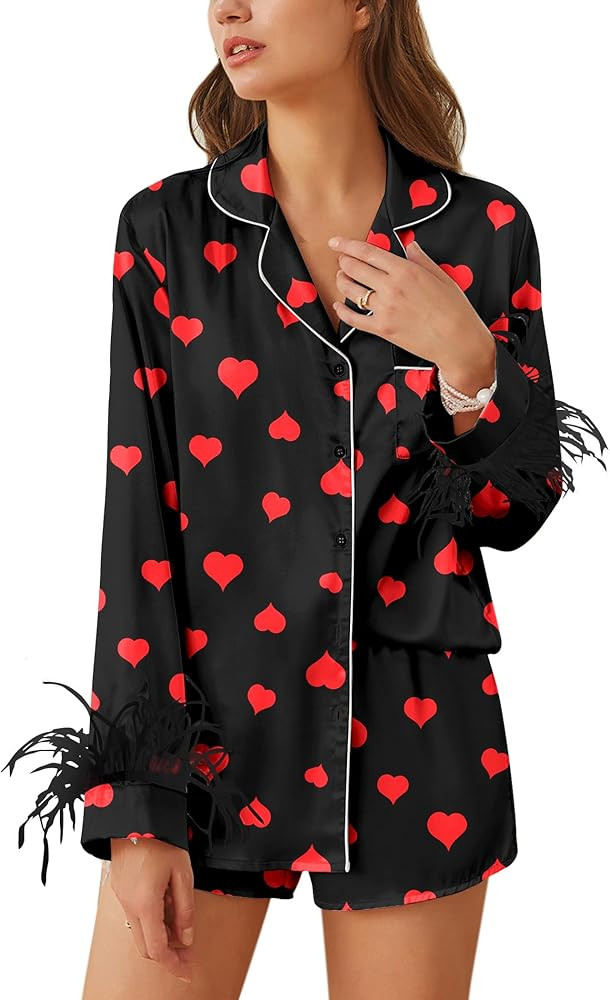 Ekouaer Bridal Feather Pajamas Set Silk Satin Valentine's Pj Sets Wedding Pjs Sleepwear with Remo... | Amazon (US)