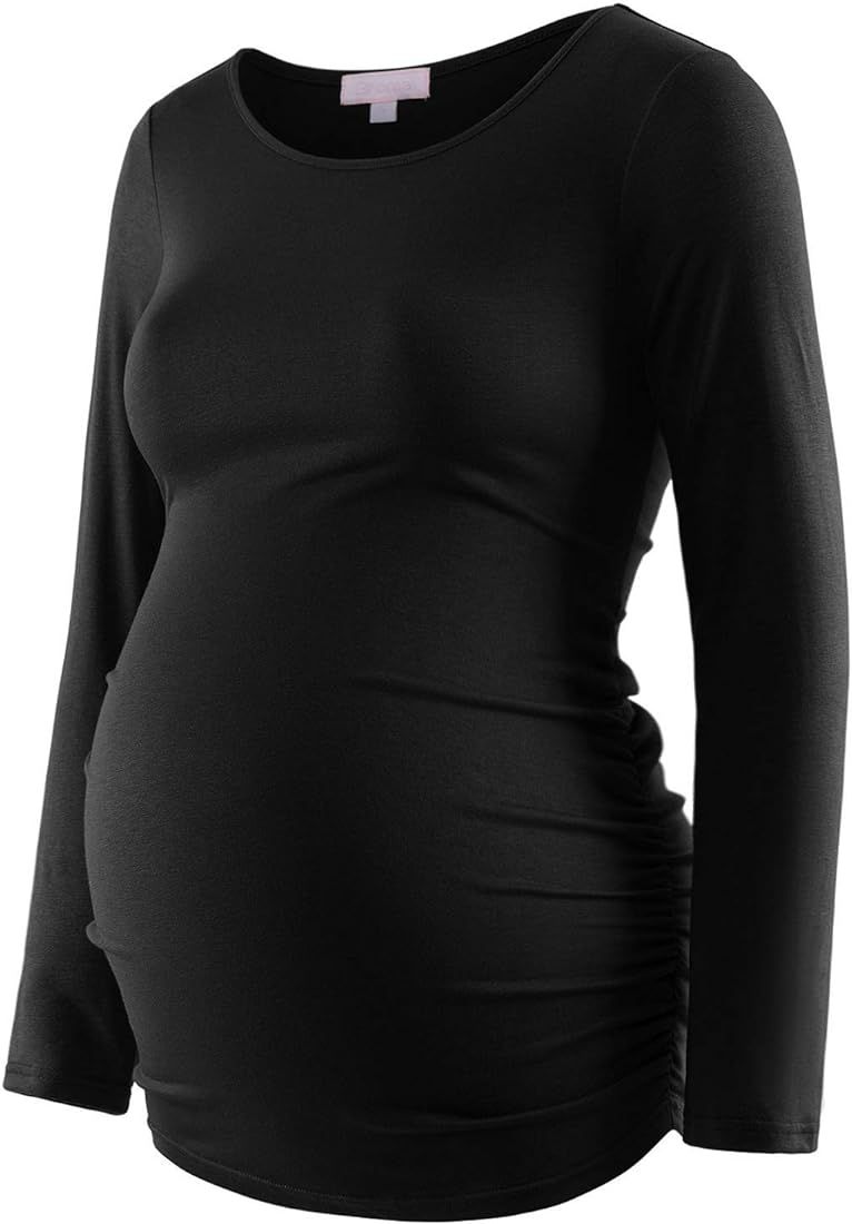 Maternity Shirt Long Sleeve Basic Top Ruch Sides Bodycon Tshirt for Pregnant Women | Amazon (US)