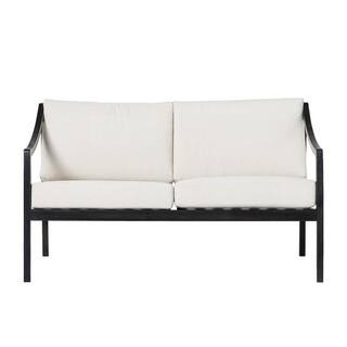 Black Wash Slat-Back Wood Modern Outdoor Loveseat with Bisque Cushions | The Home Depot