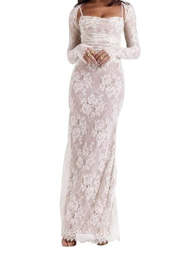 Women Vintage Cream Lace Maxi Dress Romantic Long Sleevees Lace Bodycon Dress | Amazon (US)