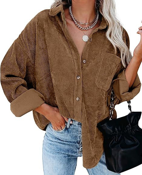 QIXING Womens Corduroy Oversized Shacket Button Down Boyfriend Shirts V Neck Cotton Long Sleeve B... | Amazon (UK)