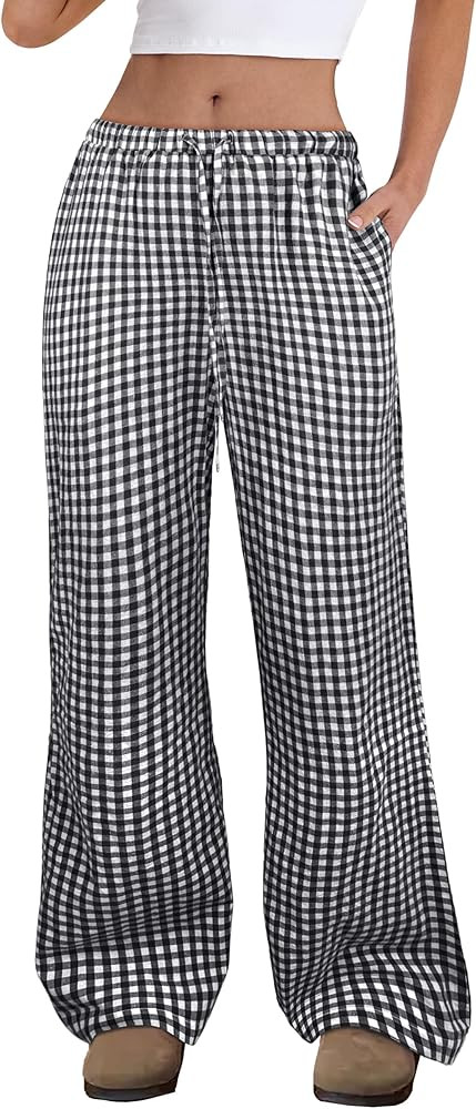 ANRABESS Women's Striped Gingham Pants 2025 Fall Pajama Lounge Boxer Pants Casual Wide Leg Drawst... | Amazon (US)