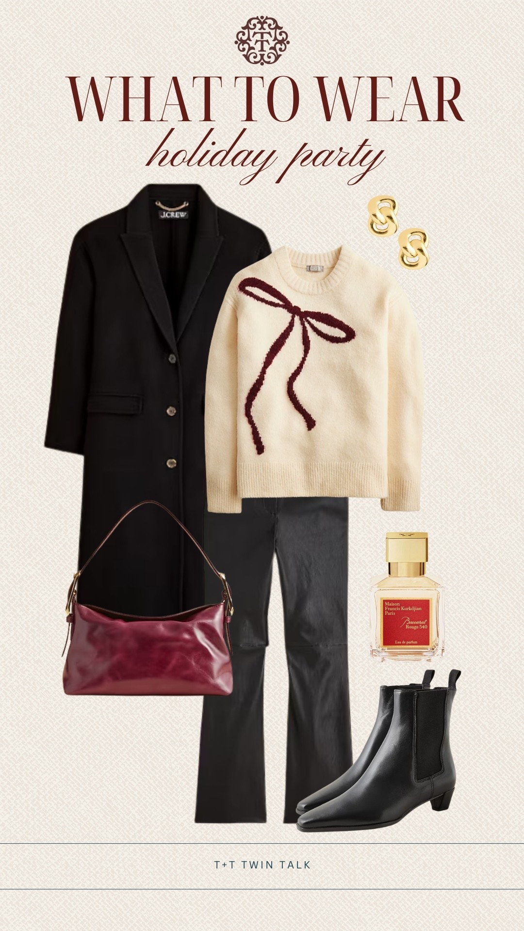 T+T, what to wear for a holiday party! We love this J.Crew sweater with the cutest bow detail. We would layer a long black coat over the top, wear leather pants, and add a red leather bag. 

#LTKSeasonal #LTKHoliday #LTKOver40