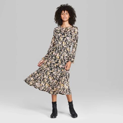 Women's Floral Print Long Sleeve Round Neck Tiered Mesh Midi Dress - Wild Fable™ Black | Target