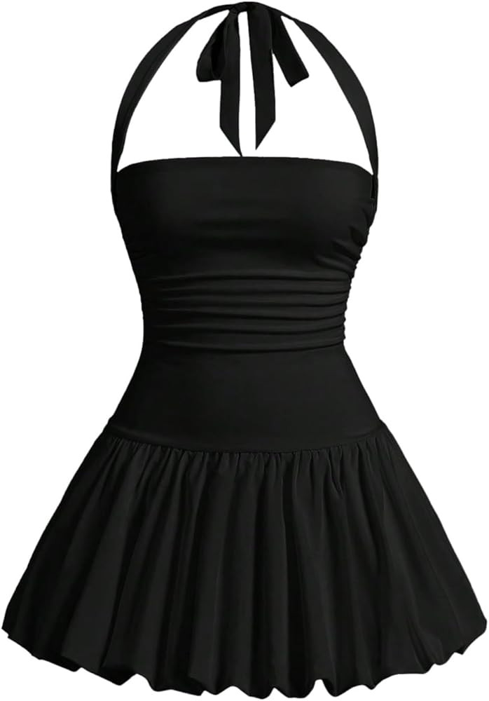 SOLY HUX Women's Bubble Mini Dress Halter Backless Ruched Y2K Club Party Short Sundress with Buil... | Amazon (US)