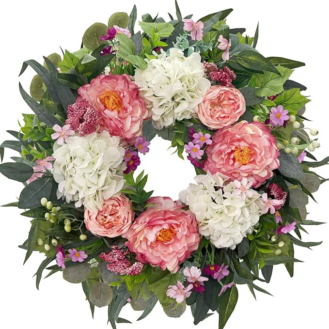 HipTree 24 Inch Spring Wreath Valentines Day Decorations for Front Door,Handmade Silk Pink Peony ... | Amazon (US)