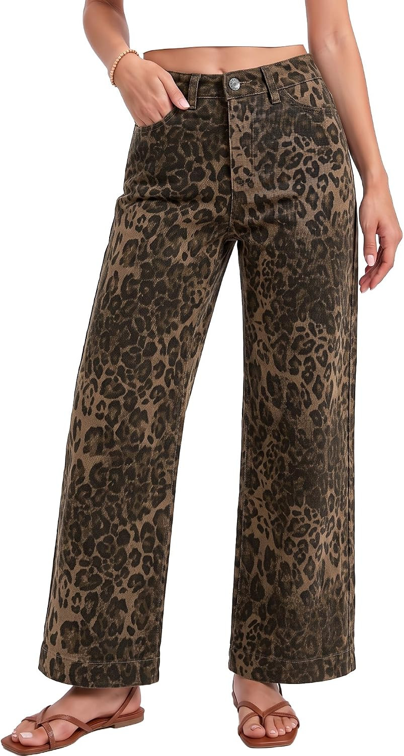 Vetinee Wide Leg Jeans Woman Leopard Cheetah Print Ankle Length Denim Pants | Amazon (US)