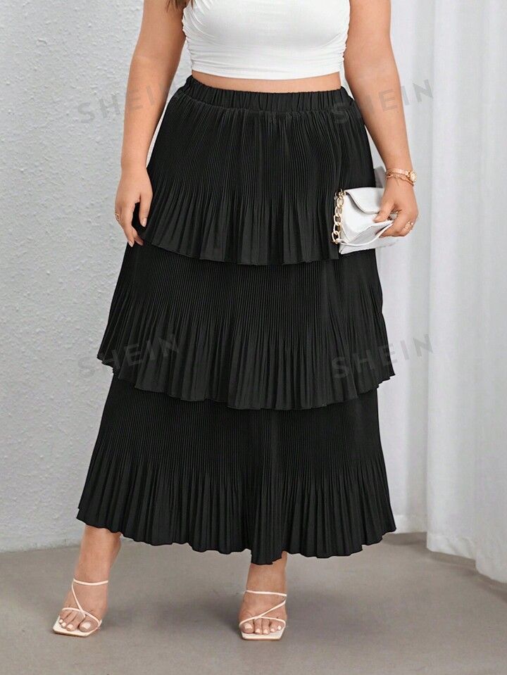 SHEIN Privé Plus Size Women's Elegant Irregular Pleated Midi Skirt | SHEIN