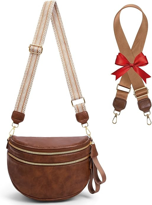 Leather Crossbody Fanny Pack Trendy Bum Bag Double Zip Multi Compartment with 2 Adjustable Straps... | Amazon (US)