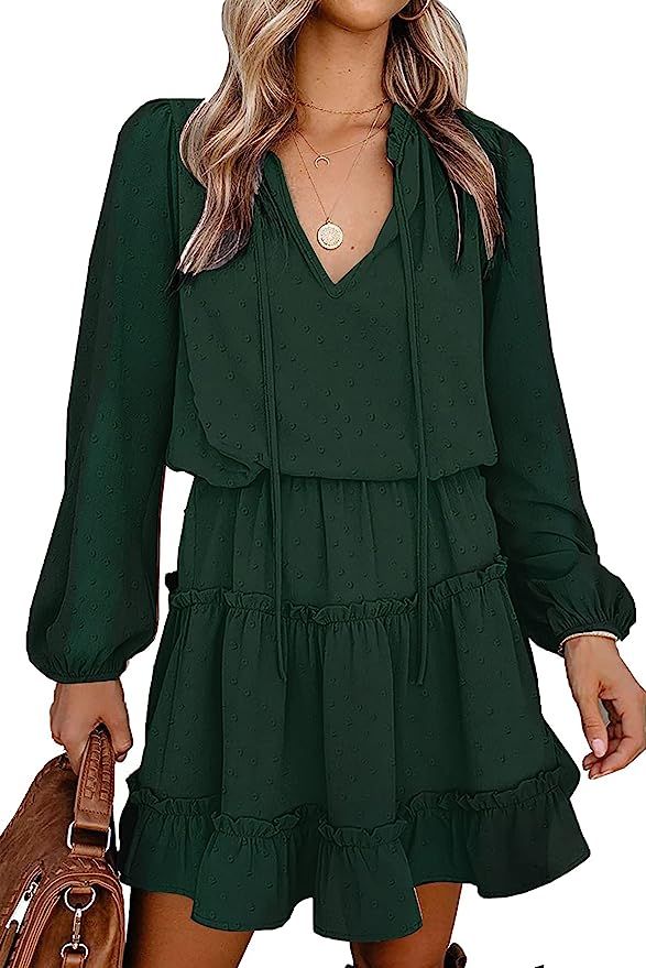 BTFBM Women Casual Fall Dresses V Neck Tie Neck Long Sleeve High Waist Dot Ruffle Tiered A Line S... | Amazon (US)