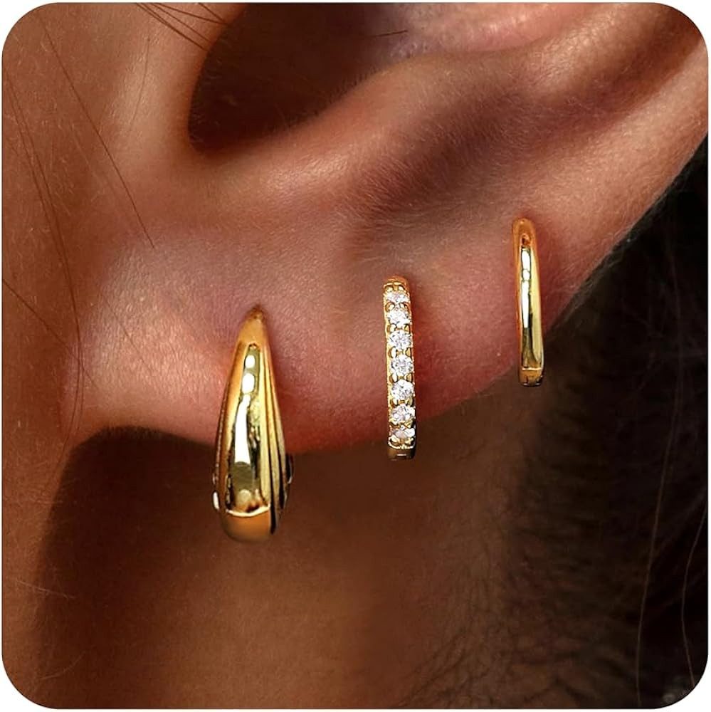 Poxtex Small Sterling Silver Huggie Hoop Earrings Set for Women, Hypoallergenic 14K Gold Plated H... | Amazon (US)