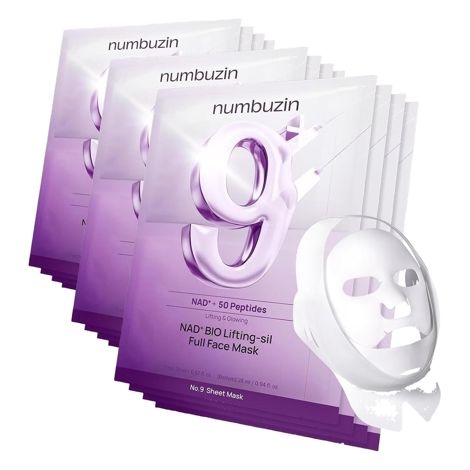 numbuzin No.9+ NAD+ BIO Lifting Full Face Mask, Peptide & Collagen Two-Piece Firming Mask for a Smooth, Defined-Looking Skin Finish, 4 Sheets + Lifting Band (Pack of 3) | Amazon (US)