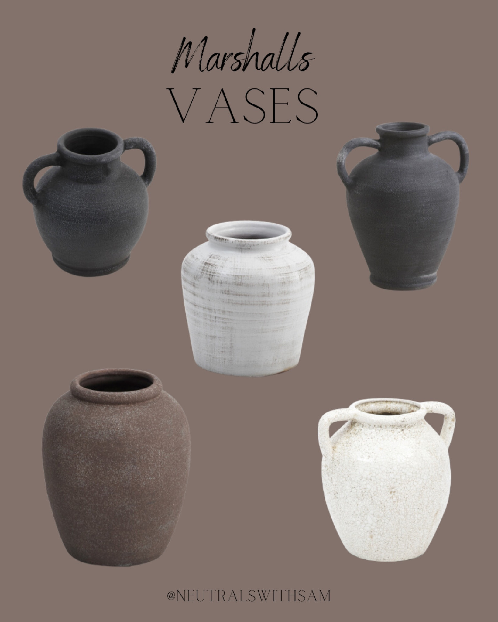 Marshalls affordable vases! 

Budget friendly, black vase, white vase, brown vase, distressed vase, home finds, Marshalls 

#LTKfindsunder50 #LTKhome #LTKsalealert