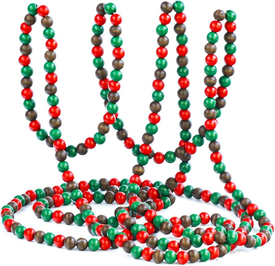 16 Feet Christmas Wooden Beads Garland, Red/Green/Brown Vintage Christmas Tree Bead Garland Farmh... | Amazon (US)