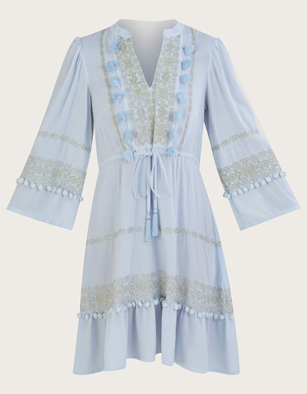 Embroidered Pom-Pom Kaftan Dress in LENZING™ ECOVERO™  Blue | Monsoon (UK)