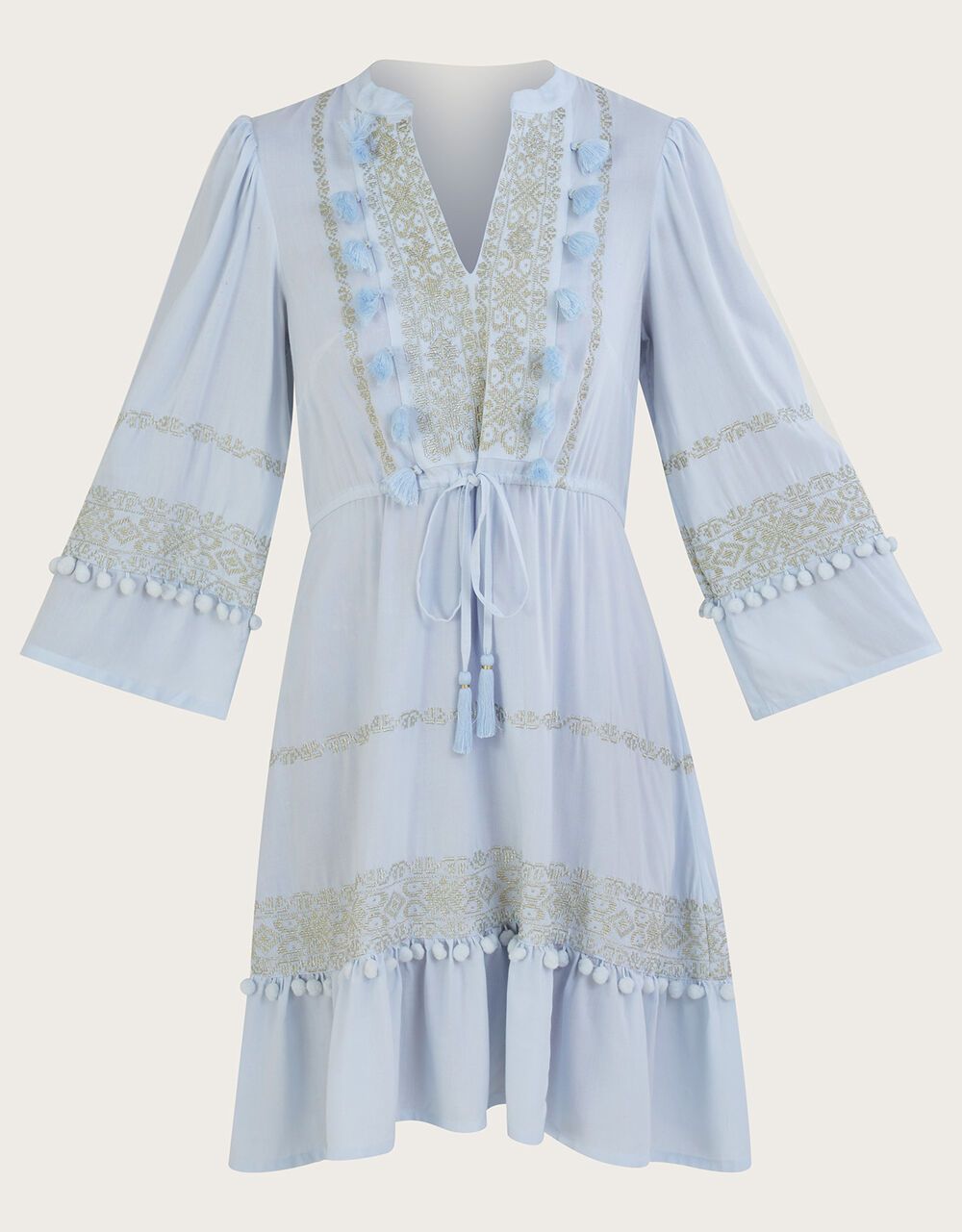 Embroidered Pom-Pom Kaftan Dress in LENZING™ ECOVERO™  Blue | Monsoon (UK)