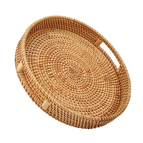 Whalehub Round Rattan Serving Tray with Handles, Hand Woven Basket, Home Decor Organizer Tray for Breakfast, Tea, Snack, Fruit, Coffee,Storage (Medium)(11.9inchX1.7inch) | Amazon (US)