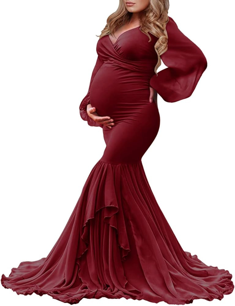Saslax Long Chiffon Sleeve Tired Mermaid Maternity Dress for Photoshoot Photography Baby Shower | Amazon (US)
