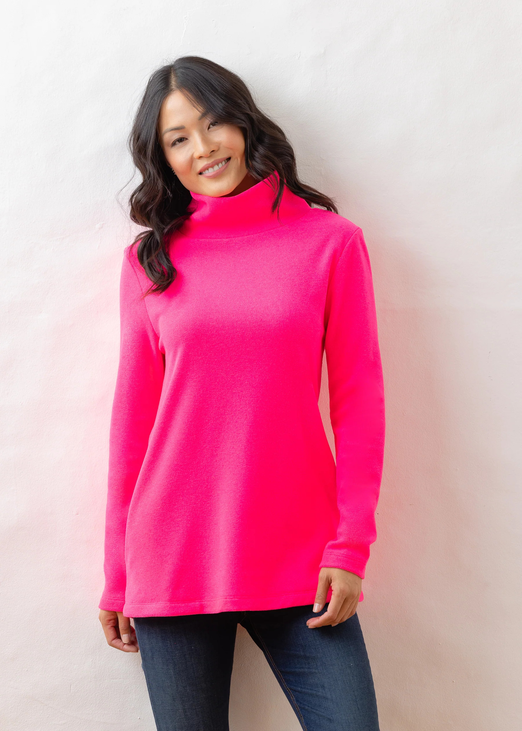 Cobble Hill Turtleneck in Terry Fleece (Neon Pink) | Dudley Stephens