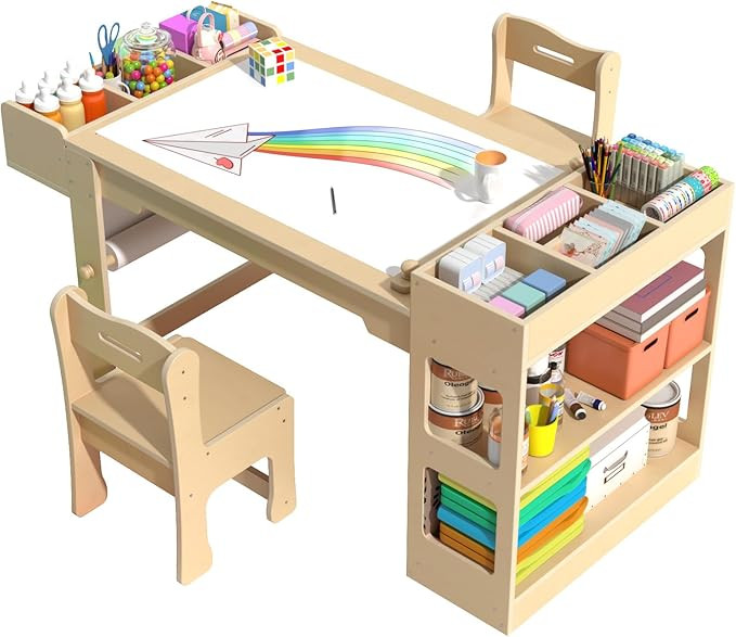 Kids Art Table and Chair Set, Kids Craft Table with Storage, Toddler Activity Play Table with 2 C... | Amazon (US)
