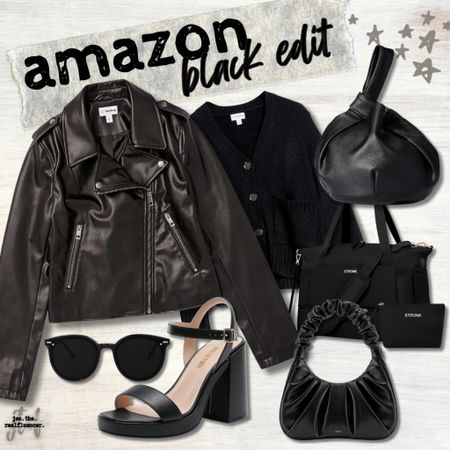 Amazon black edit, leather jacket, handbag, purse, cardigan, sunglasses shoulder bag, heels 

#LTKSeasonal #LTKstyletip #LTKfindsunder100