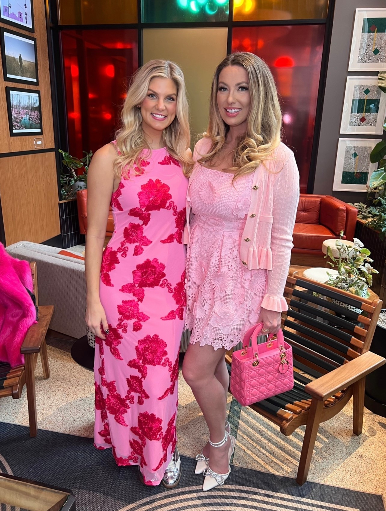 Pink Valentines Dress 
Pink cardigan 
Pink purse 
White shoes with rhinestone bows 

#LTKOver40 #LTKTall #LTKMidsize