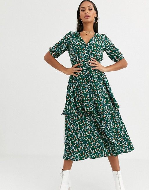 Missguided tiered midi dress in green floral | ASOS US