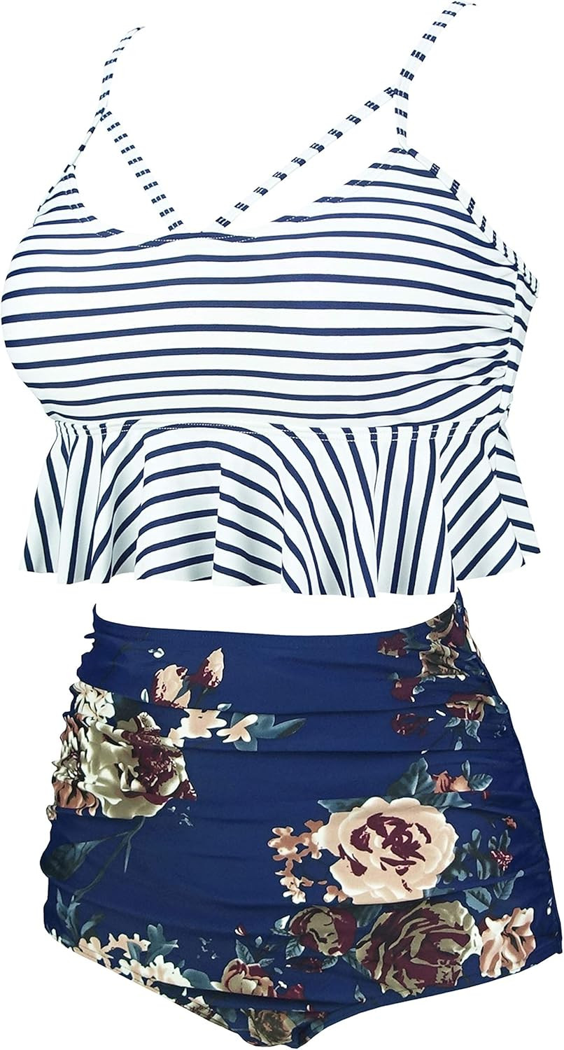 COCOSHIP Women's Retro Boho Flounce Falbala High Waist Bikini Set Chic Swimsuit(FBA) | Amazon (US)