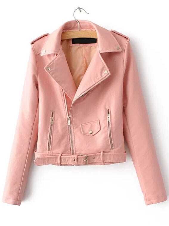 Pink Faux Leather Belted Moto Jacket With Zipper | Romwe