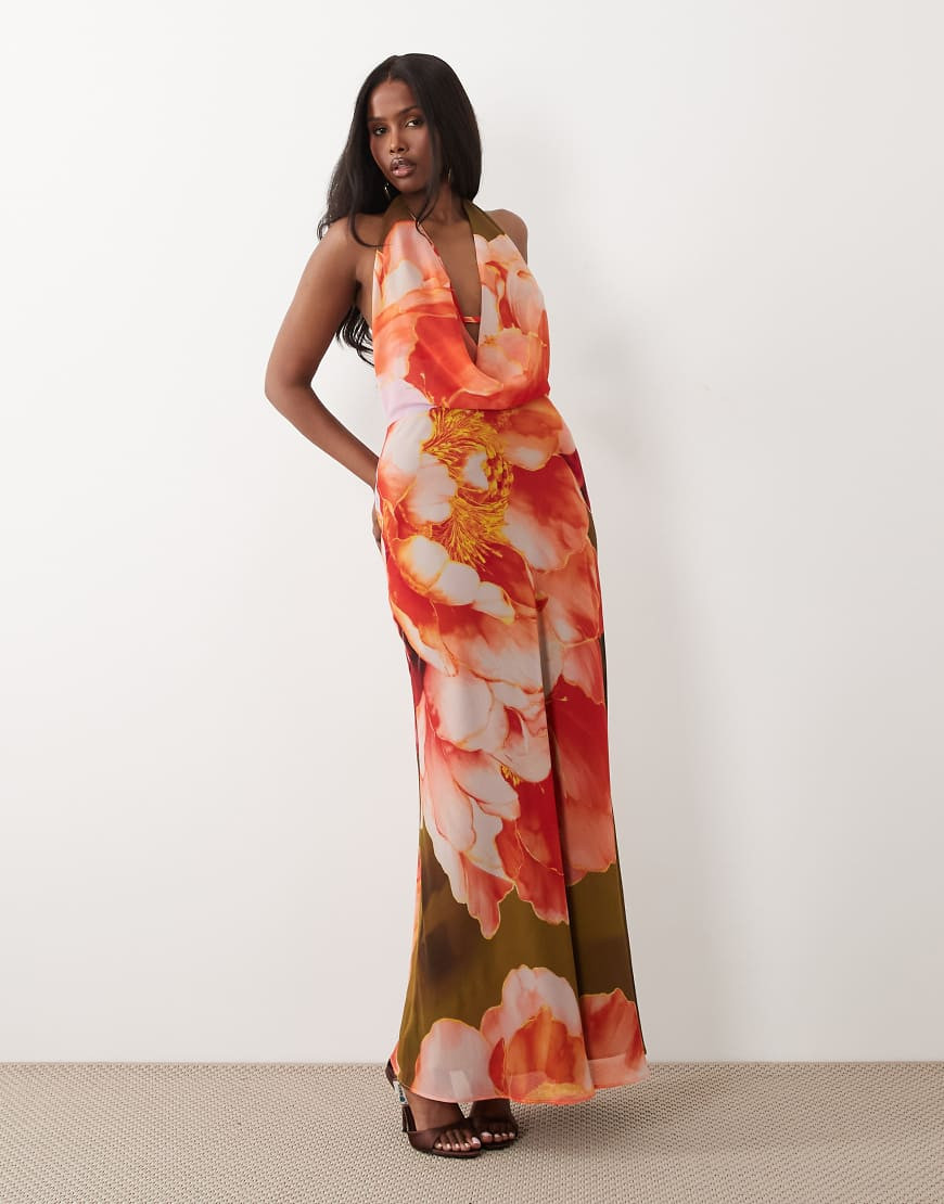 Forever New chiffon cowl neck low back maxi dress in olive floral-Multi | ASOS (Global)