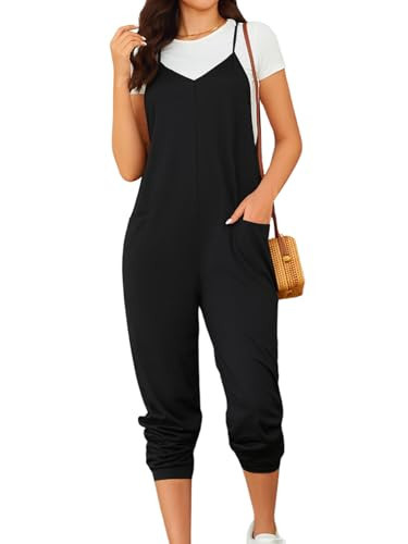 OYOANGLE Women's Plus Size Spaghetti Straps Sleeveless Pockets Side Summer Jumpsuits Black 4XL | Amazon (US)