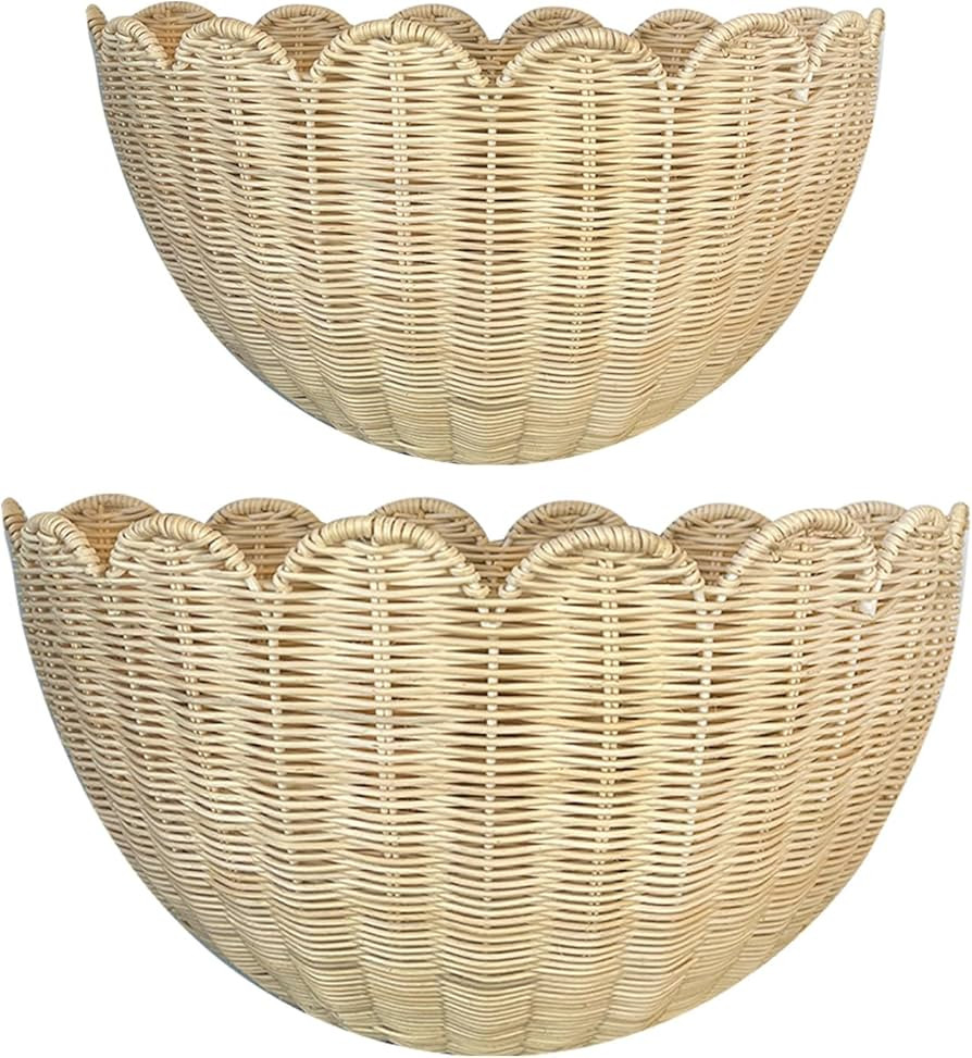 Scalloped Wall Basket, 2pcs Hand Woven Hanging Wicker Wall Baskets Set, Scalloped Rattan Wall Sto... | Amazon (US)