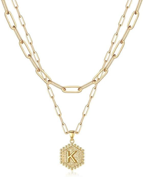 M MOOHAM Dainty Gold Necklace for Women - 14K Solid Gold Over Teen Girl Gifts Cute Hexagon Letter... | Amazon (US)