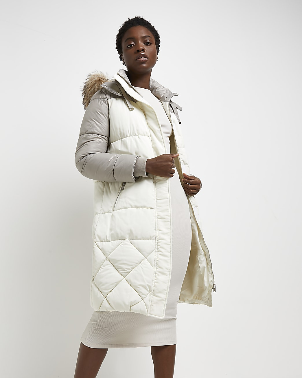 Cream colour block quilted puffer coat | River Island (UK & IE)