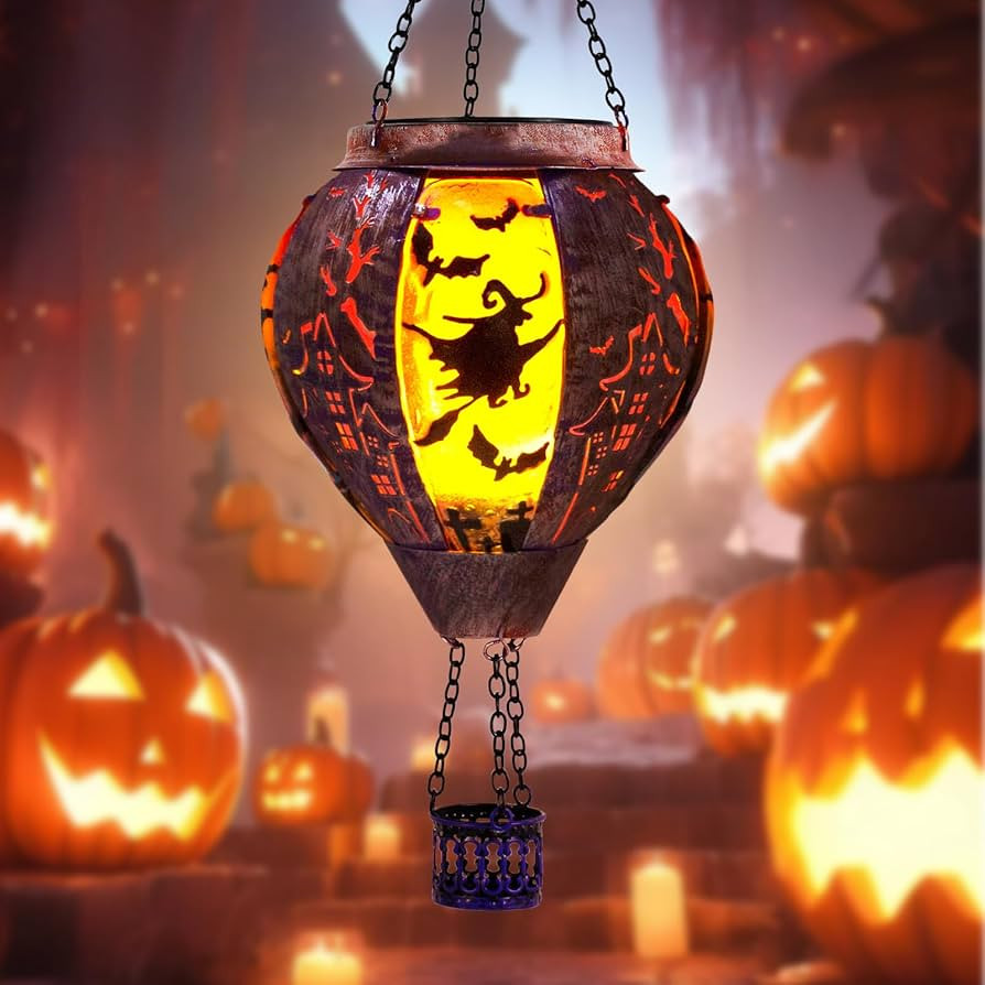 Halloween Hot Air Balloon Solar Lantern with Flame, Witch on Broomstick Halloween Outdoor Solar L... | Amazon (US)