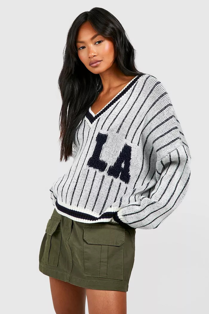 La Varsity Badge Cable Knit Crop Sweater | boohoo (US & Canada)